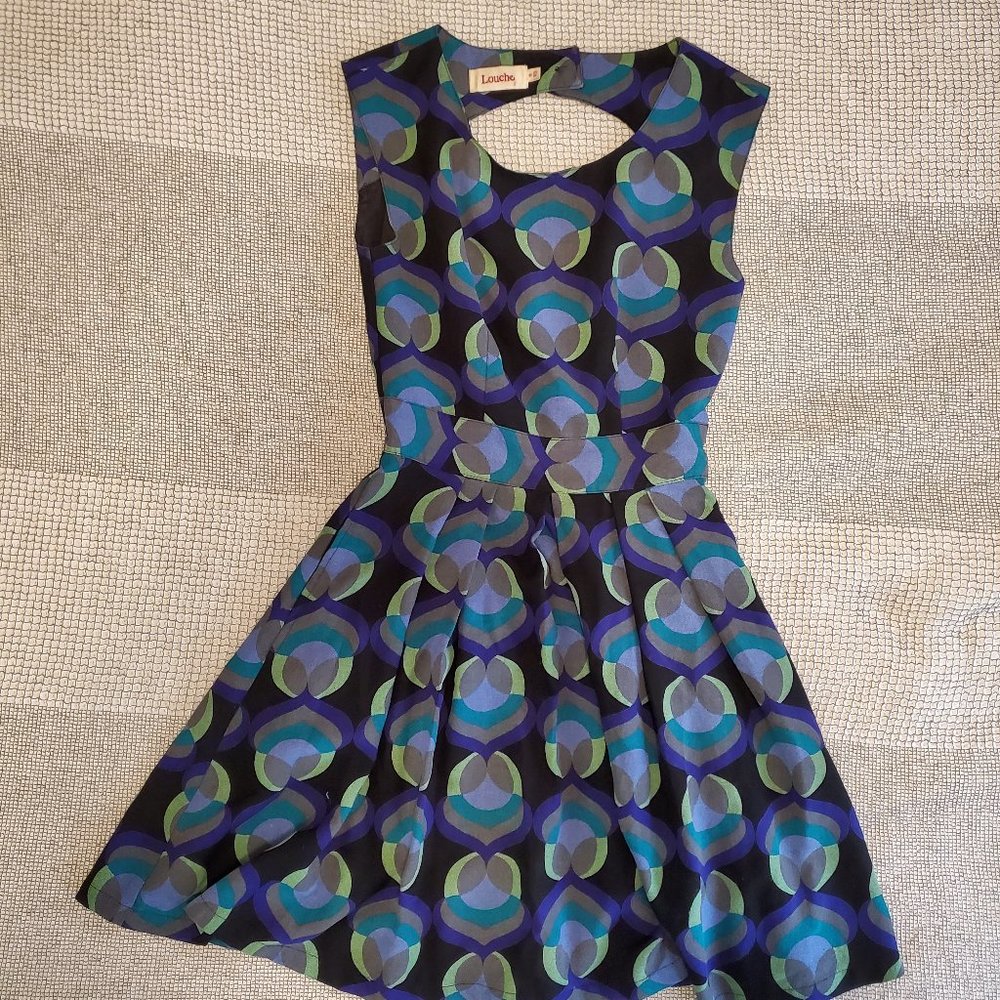 Louche peacock pattern cocktail green dress